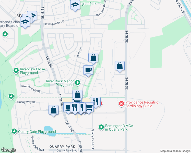 map of restaurants, bars, coffee shops, grocery stores, and more near 15 River Rock Place Southeast in Calgary