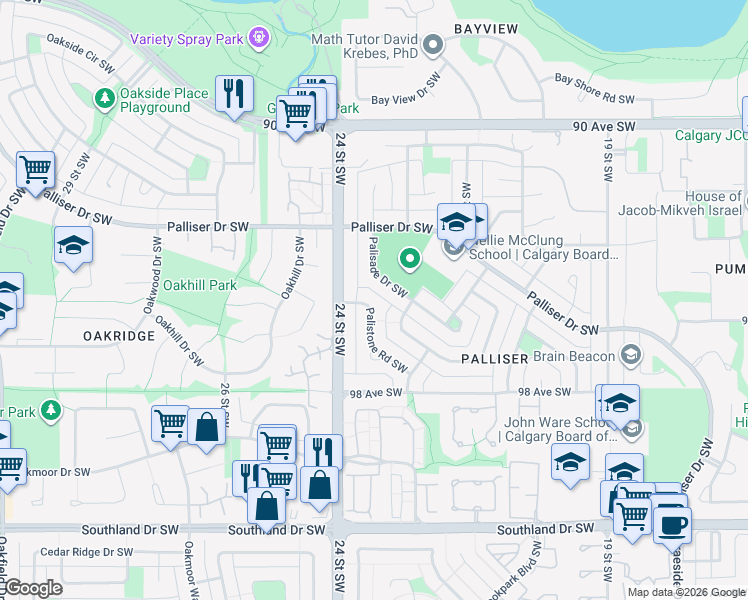 map of restaurants, bars, coffee shops, grocery stores, and more near 9811 Palistone Road Southwest in Calgary