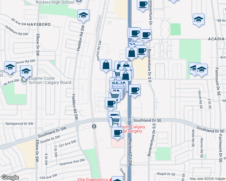 map of restaurants, bars, coffee shops, grocery stores, and more near 9600 Southland Circle Southwest in Calgary