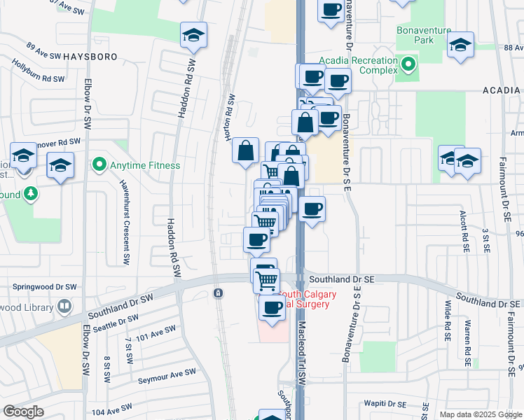 map of restaurants, bars, coffee shops, grocery stores, and more near 9600 Southland Circle Southwest in Calgary