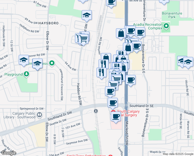 map of restaurants, bars, coffee shops, grocery stores, and more near 9705 Horton Road Southwest in Calgary