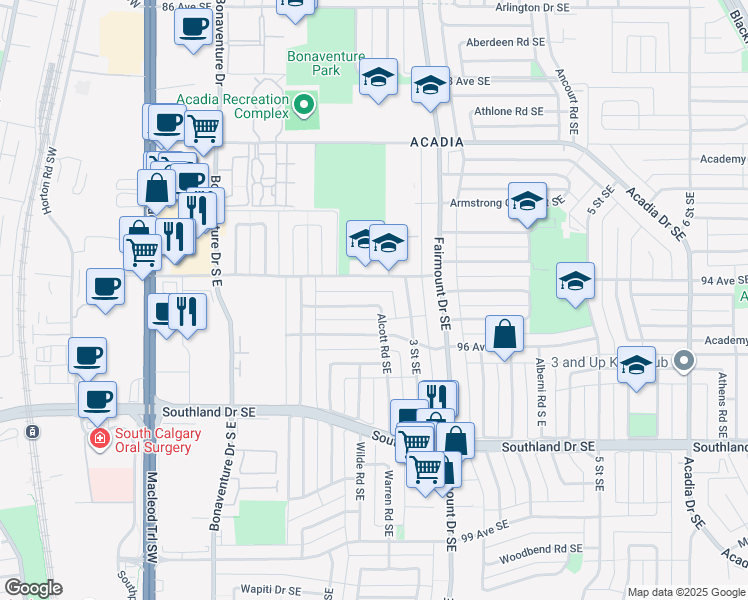 map of restaurants, bars, coffee shops, grocery stores, and more near 9652 Alcott Road Southeast in Calgary