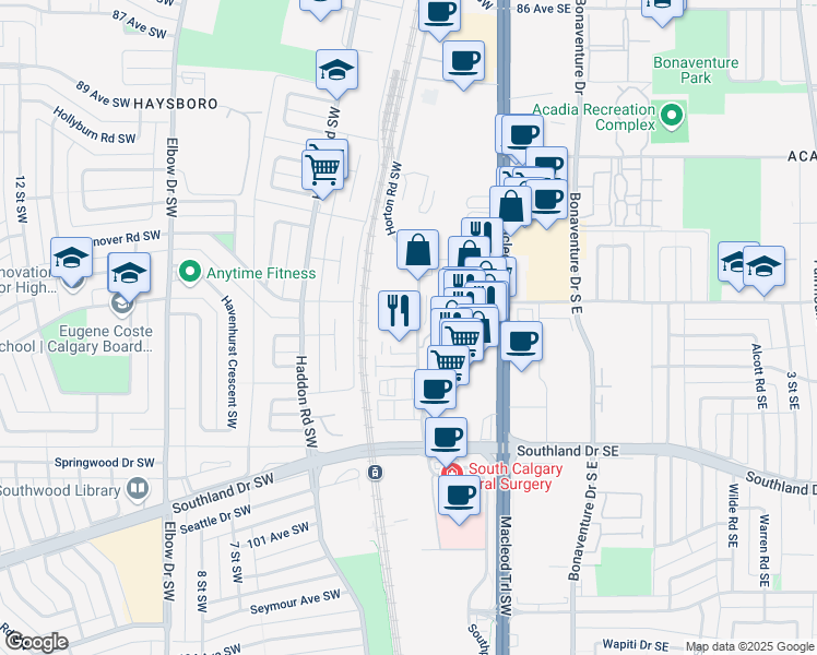 map of restaurants, bars, coffee shops, grocery stores, and more near 9705 Horton Road Southwest in Calgary