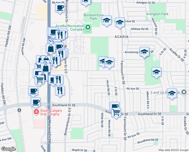map of restaurants, bars, coffee shops, grocery stores, and more near 9620 Alcott Road Southeast in Calgary