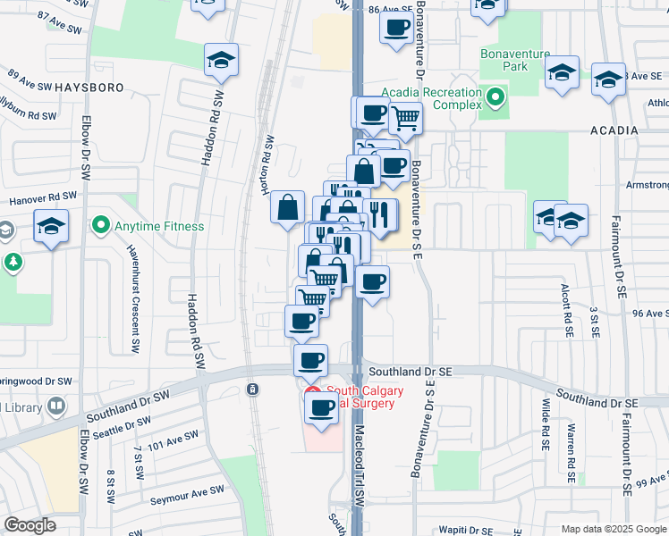 map of restaurants, bars, coffee shops, grocery stores, and more near 9657 Macleod Trail Southwest in Calgary