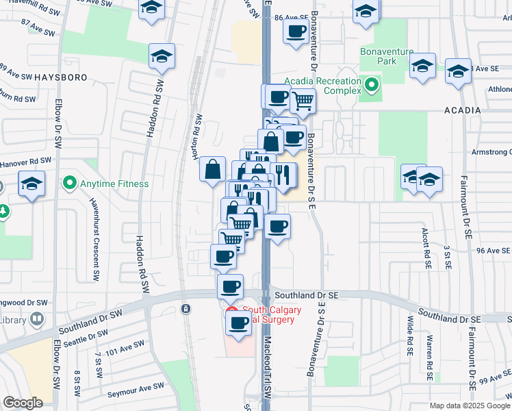 map of restaurants, bars, coffee shops, grocery stores, and more near 9657 Macleod Trail Southwest in Calgary