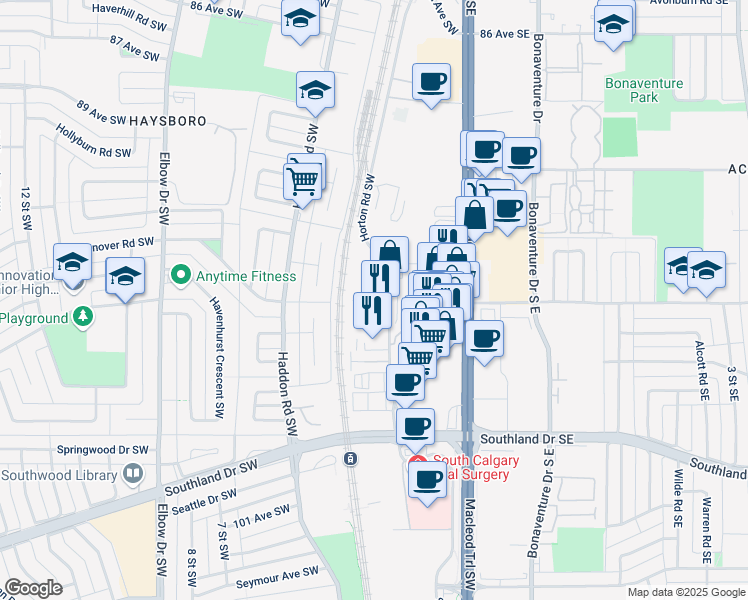 map of restaurants, bars, coffee shops, grocery stores, and more near 9705C Horton Road Southwest in Calgary