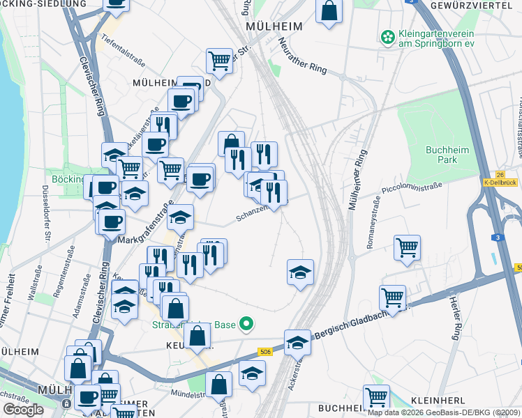 map of restaurants, bars, coffee shops, grocery stores, and more near Schanzenstraße in Köln