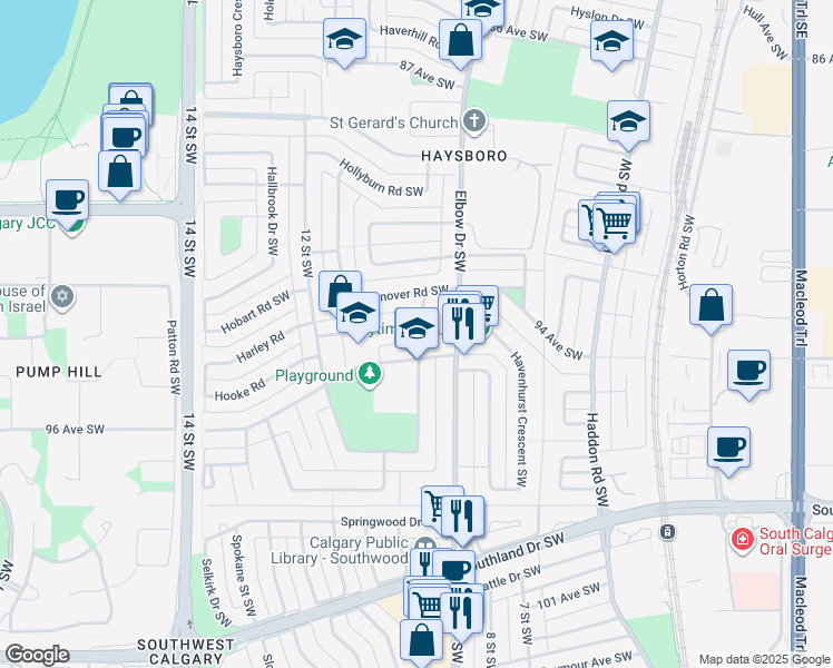 map of restaurants, bars, coffee shops, grocery stores, and more near 21 Haddock Road Southwest in Calgary