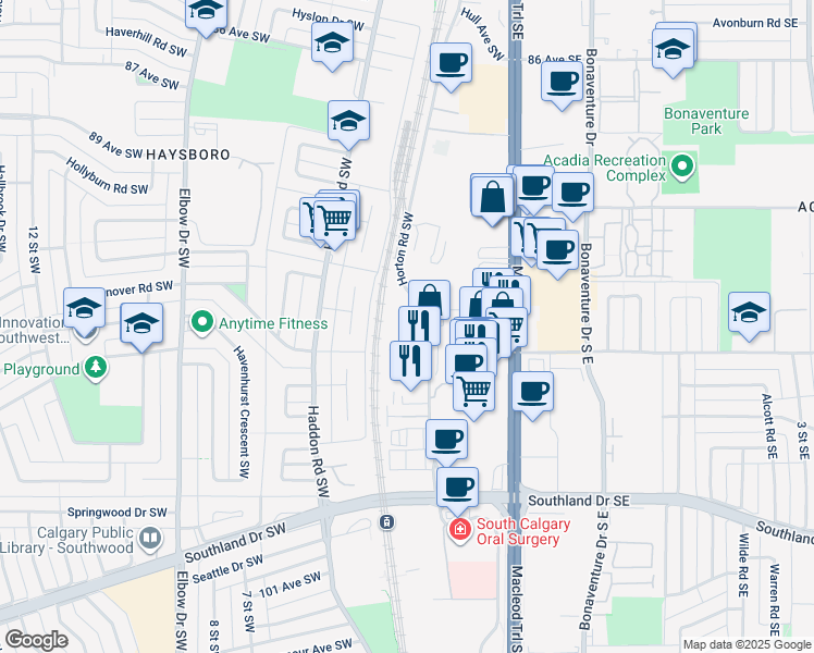 map of restaurants, bars, coffee shops, grocery stores, and more near 9515 Horton Road Southwest in Calgary