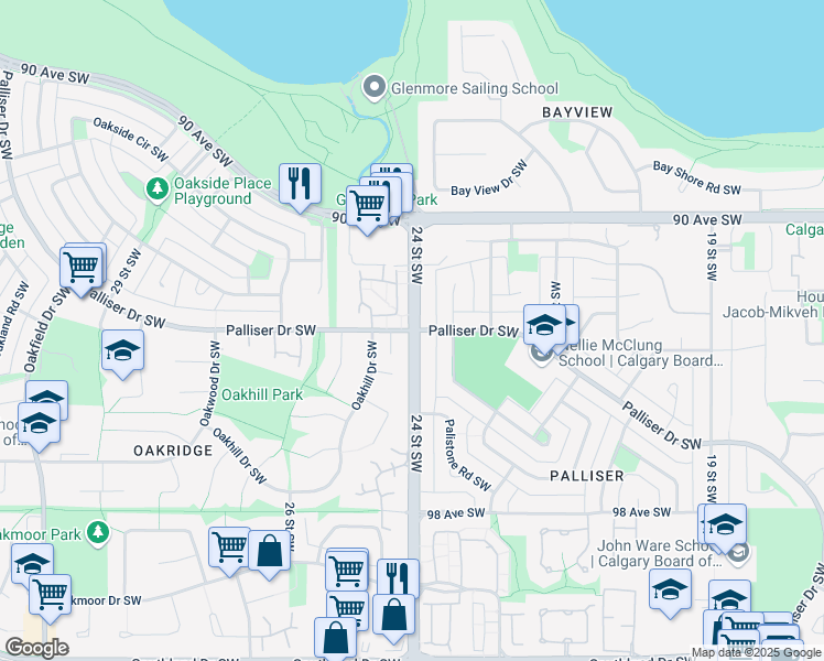 map of restaurants, bars, coffee shops, grocery stores, and more near Palliser Drive Southwest in Calgary