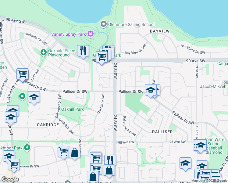 map of restaurants, bars, coffee shops, grocery stores, and more near Palliser Drive Southwest in Calgary