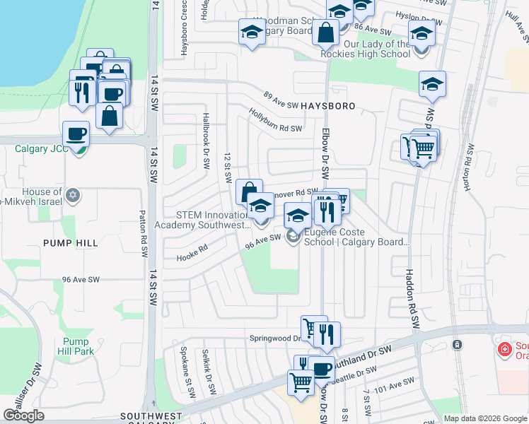 map of restaurants, bars, coffee shops, grocery stores, and more near 99 Hanover Road Southwest in Calgary