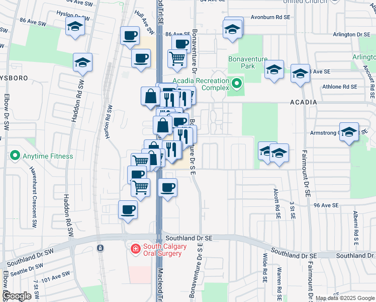 map of restaurants, bars, coffee shops, grocery stores, and more near 9125 Bonaventure Drive Southeast in Calgary