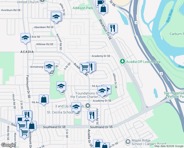 map of restaurants, bars, coffee shops, grocery stores, and more near 430 Acadia Drive Southeast in Calgary