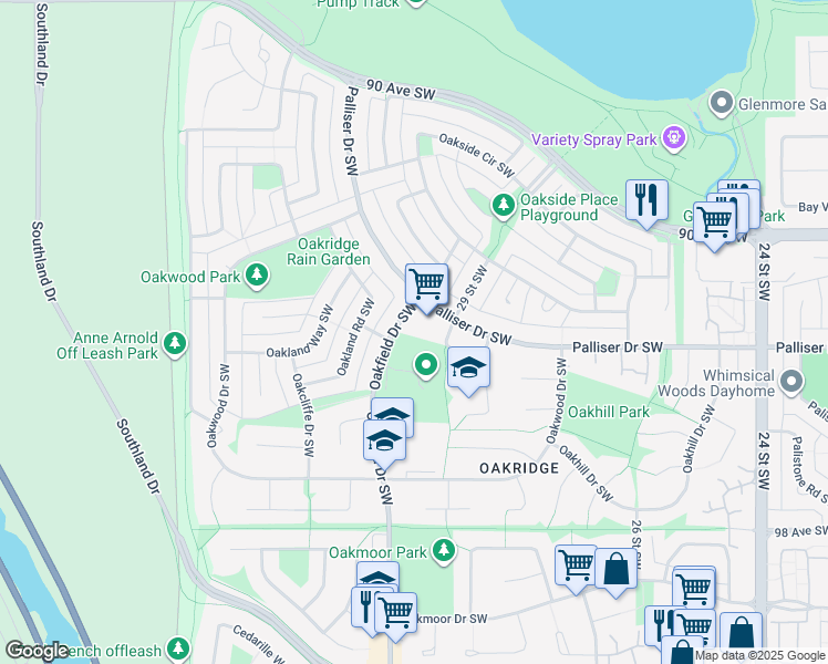 map of restaurants, bars, coffee shops, grocery stores, and more near 9500 Oakfield Drive Southwest in Calgary