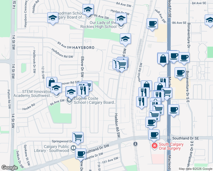 map of restaurants, bars, coffee shops, grocery stores, and more near 40 Henefer Road Southwest in Calgary