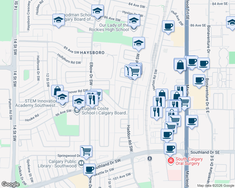map of restaurants, bars, coffee shops, grocery stores, and more near 40 Henefer Road Southwest in Calgary