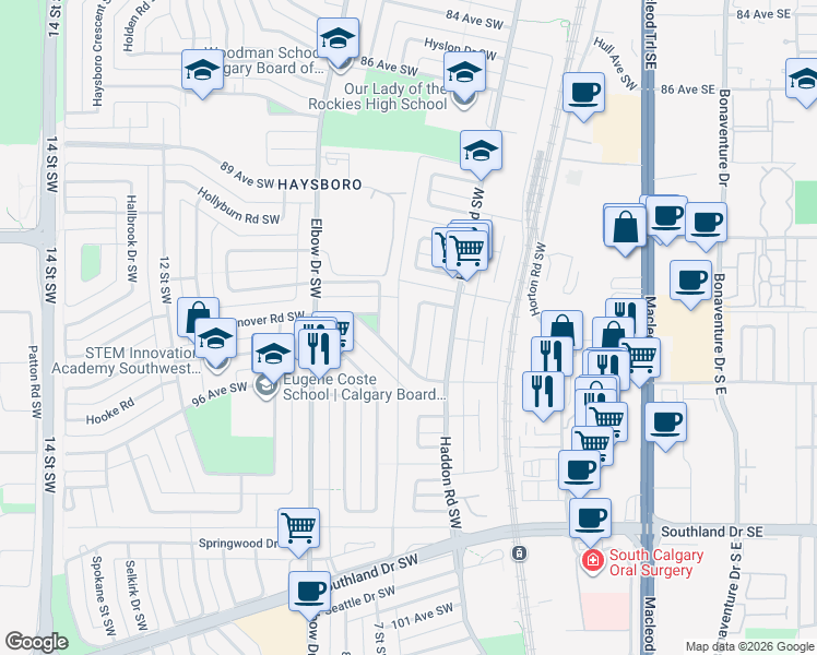 map of restaurants, bars, coffee shops, grocery stores, and more near 40 Henefer Road Southwest in Calgary