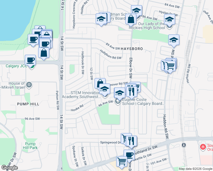 map of restaurants, bars, coffee shops, grocery stores, and more near 99 Hanover Road Southwest in Calgary