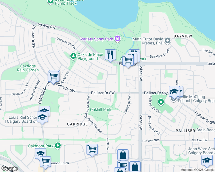 map of restaurants, bars, coffee shops, grocery stores, and more near 9308 26 Street Southwest in Calgary