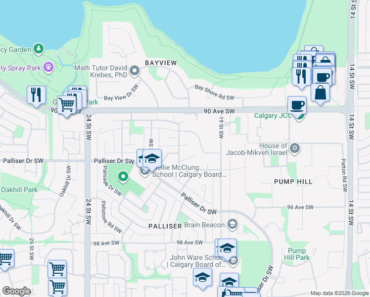 map of restaurants, bars, coffee shops, grocery stores, and more near 109 Paliswood Park Southwest in Calgary