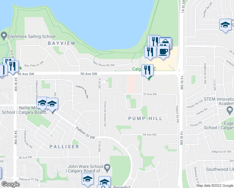 map of restaurants, bars, coffee shops, grocery stores, and more near 1801 92 Avenue Southwest in Calgary