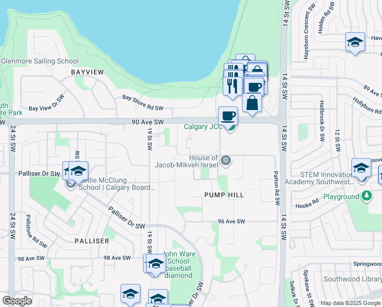map of restaurants, bars, coffee shops, grocery stores, and more near 1801 92 Avenue Southwest in Calgary