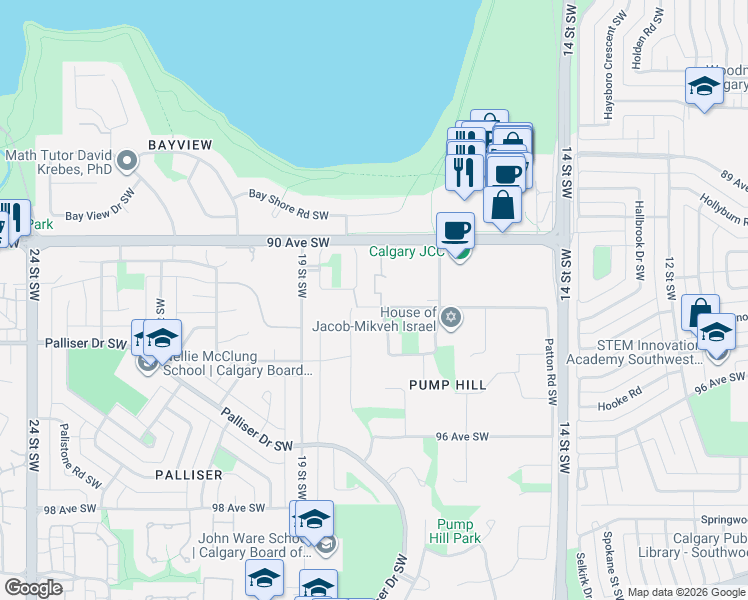 map of restaurants, bars, coffee shops, grocery stores, and more near 1802 92 Avenue Southwest in Calgary