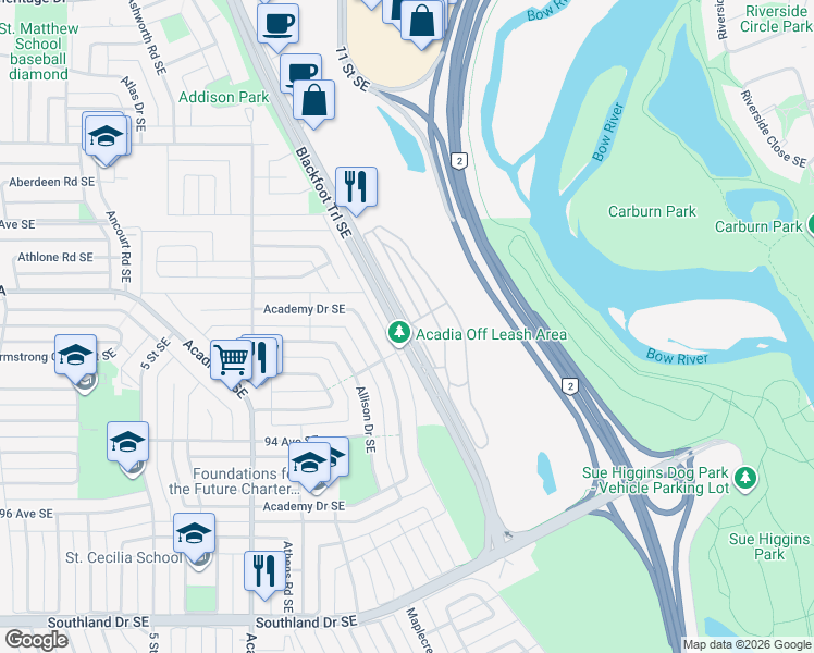 map of restaurants, bars, coffee shops, grocery stores, and more near 9200 Blackfoot Trail Southeast in Calgary