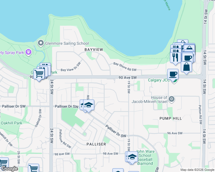 map of restaurants, bars, coffee shops, grocery stores, and more near 2160 Paliswood Road Southwest in Calgary
