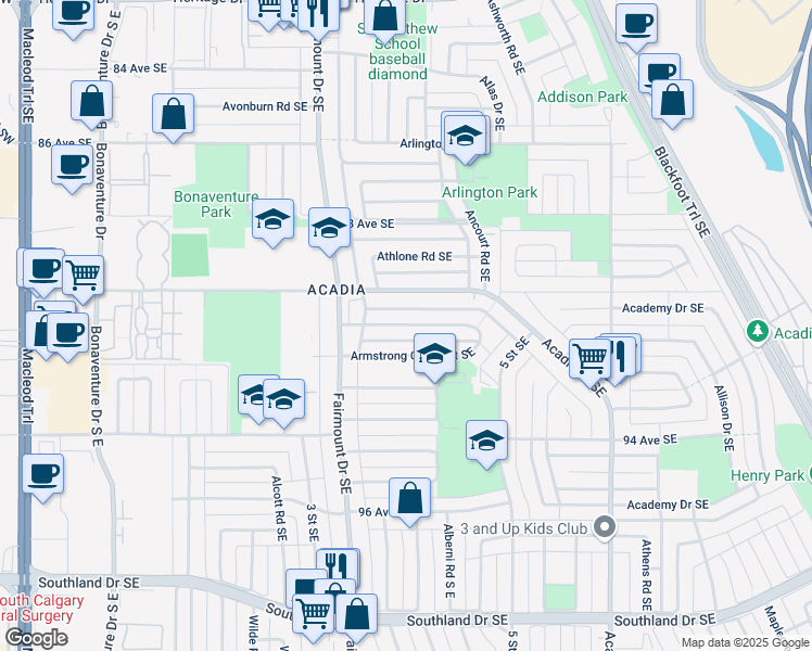 map of restaurants, bars, coffee shops, grocery stores, and more near Armstrong Crescent Southeast in Calgary