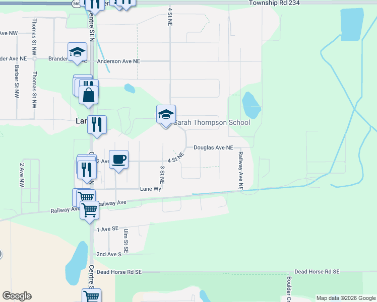 map of restaurants, bars, coffee shops, grocery stores, and more near 49 4 Street Northeast in Langdon