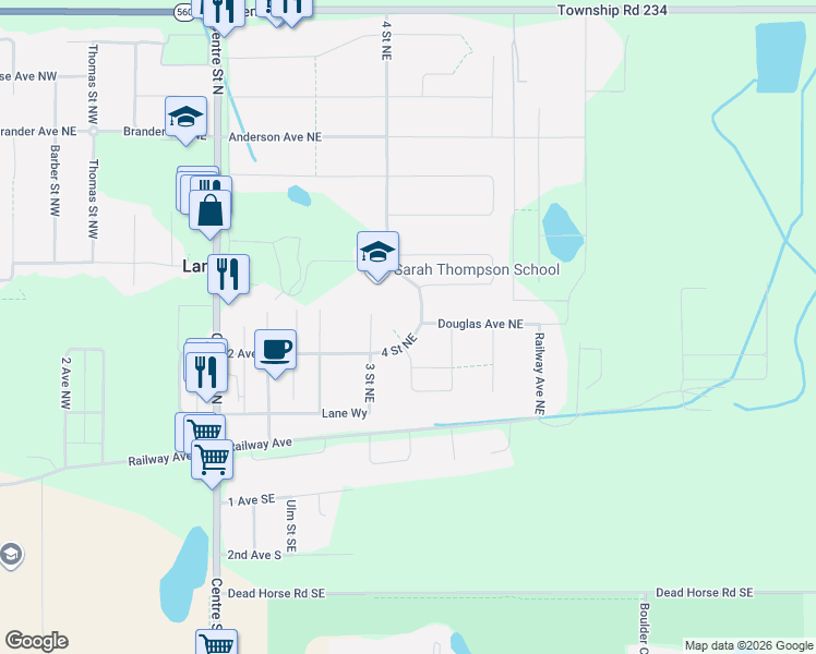 map of restaurants, bars, coffee shops, grocery stores, and more near 49 4 Street Northeast in Langdon