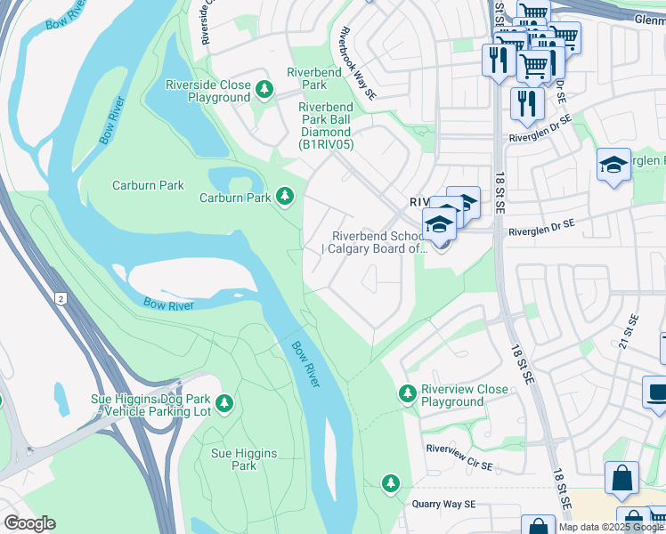 map of restaurants, bars, coffee shops, grocery stores, and more near 82 Riverview Park Southeast in Calgary