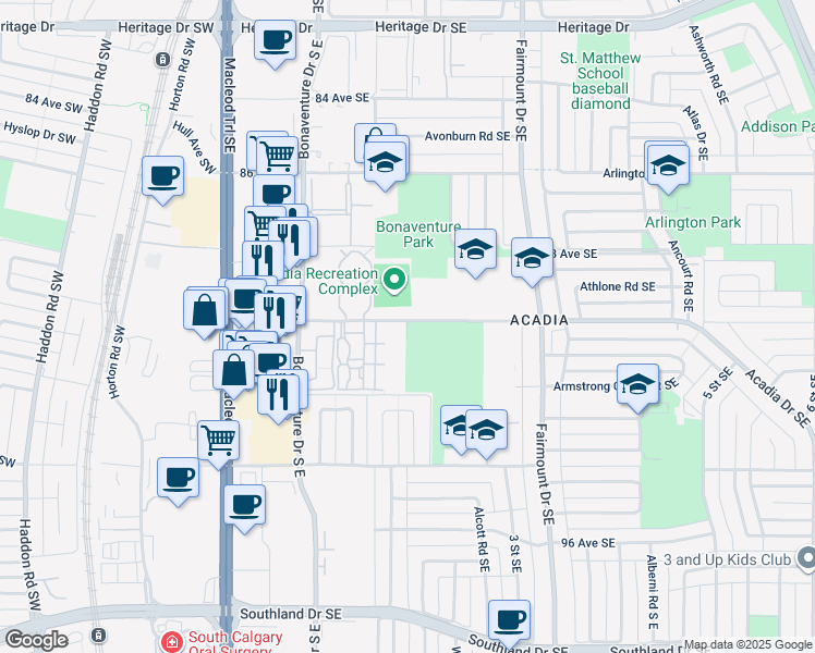 map of restaurants, bars, coffee shops, grocery stores, and more near in Calgary