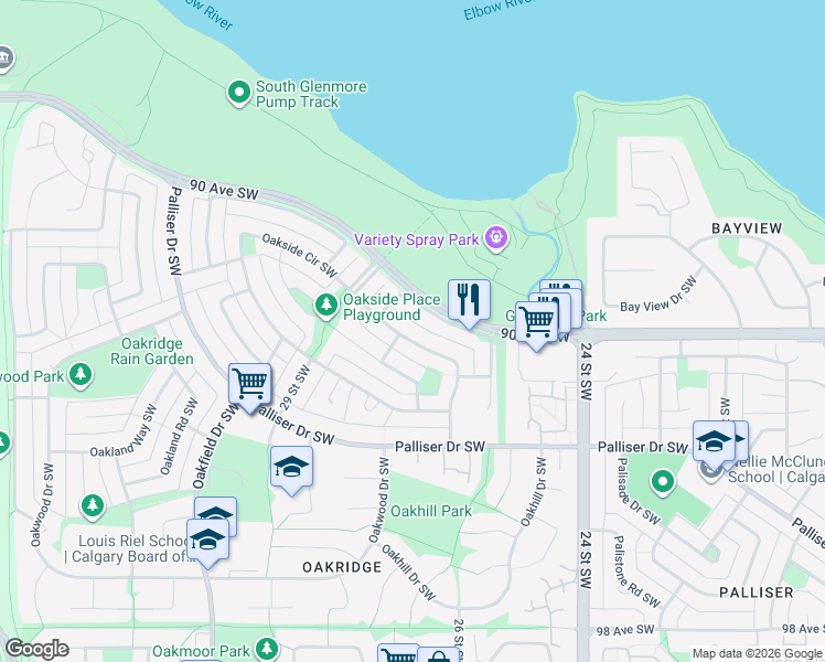 map of restaurants, bars, coffee shops, grocery stores, and more near 245 Oakside Road Southwest in Calgary