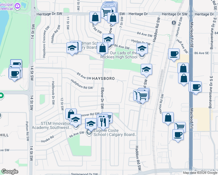 map of restaurants, bars, coffee shops, grocery stores, and more near in Calgary