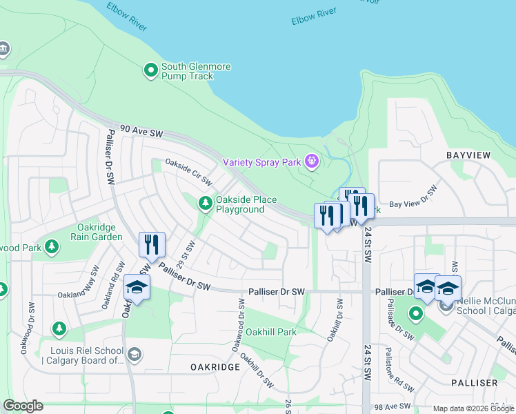 map of restaurants, bars, coffee shops, grocery stores, and more near 245 Oakside Road Southwest in Calgary