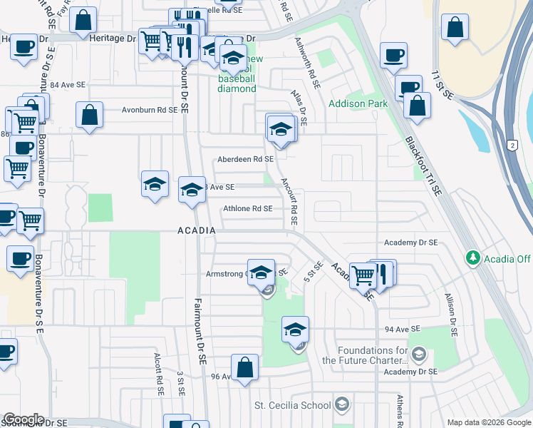 map of restaurants, bars, coffee shops, grocery stores, and more near in Calgary