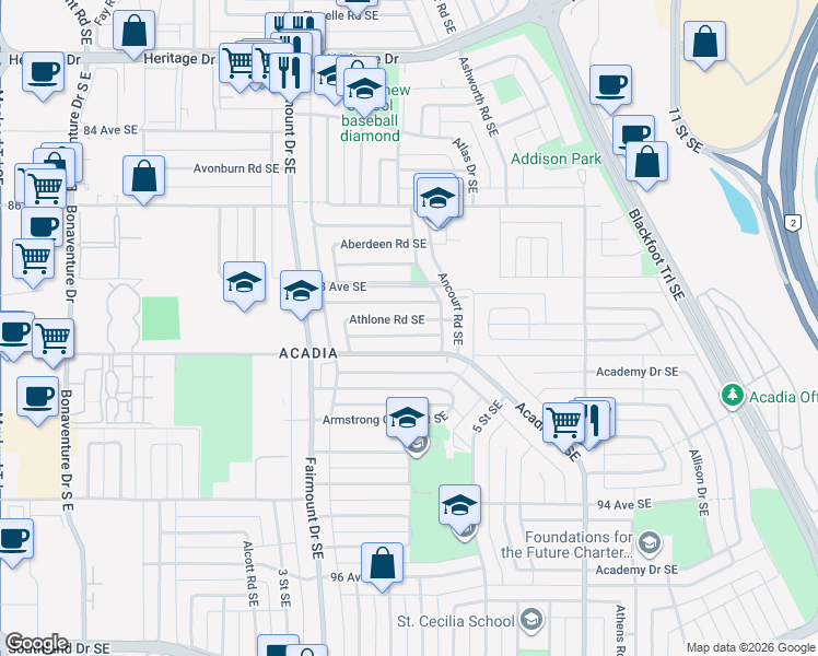 map of restaurants, bars, coffee shops, grocery stores, and more near in Calgary