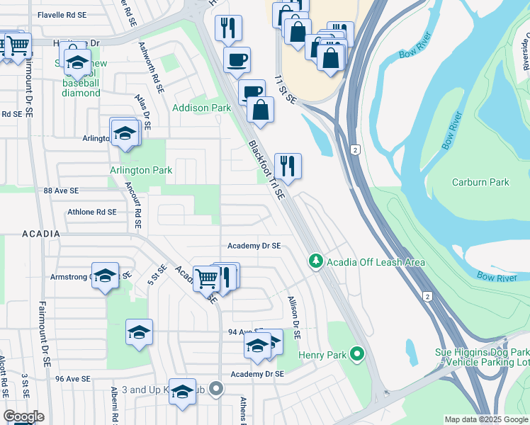 map of restaurants, bars, coffee shops, grocery stores, and more near 819 Avonlea Place Southeast in Calgary