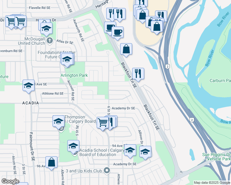 map of restaurants, bars, coffee shops, grocery stores, and more near 715 Avonlea Place Southeast in Calgary