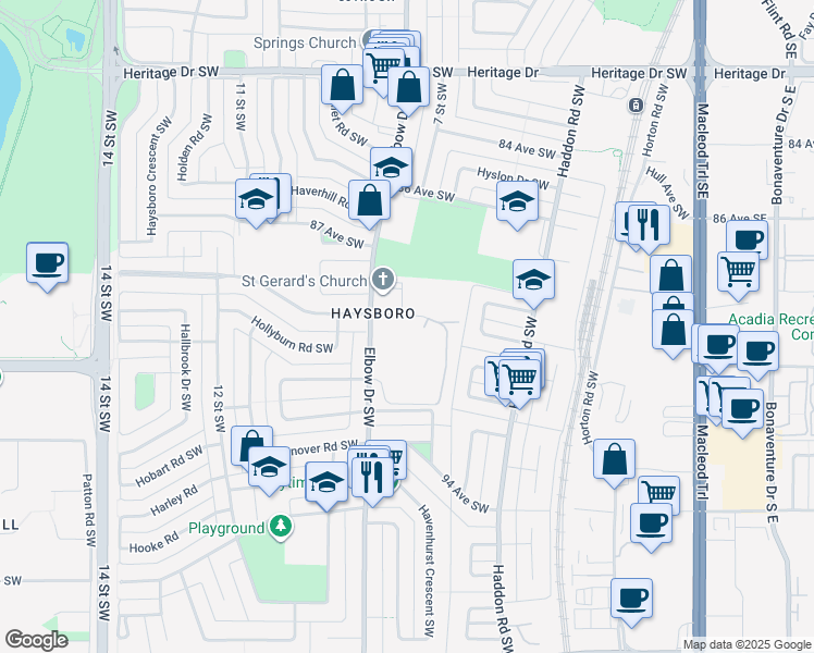 map of restaurants, bars, coffee shops, grocery stores, and more near 8948 Elbow Drive Southwest in Calgary