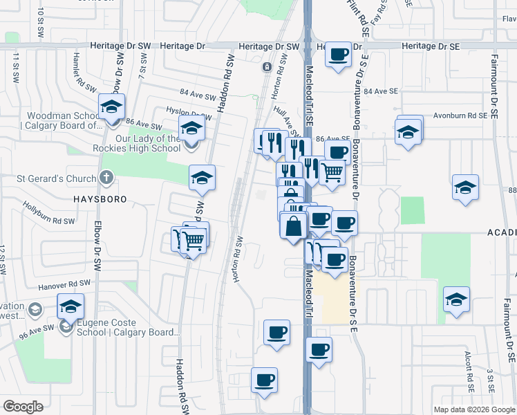 map of restaurants, bars, coffee shops, grocery stores, and more near 9212 Horton Road Southwest in Calgary