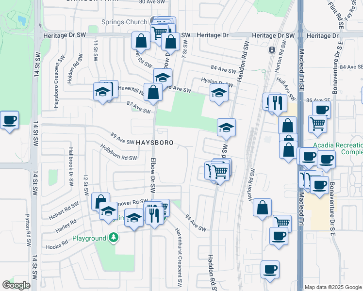map of restaurants, bars, coffee shops, grocery stores, and more near in Calgary