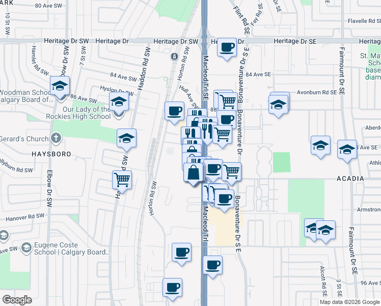 map of restaurants, bars, coffee shops, grocery stores, and more near 9212 Horton Road Southwest in Calgary