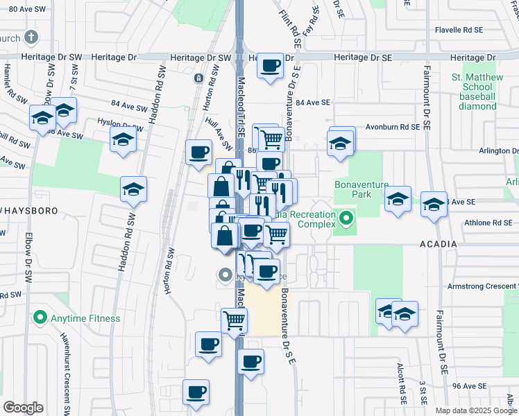 map of restaurants, bars, coffee shops, grocery stores, and more near 8900 Macleod Trail Southeast in Calgary