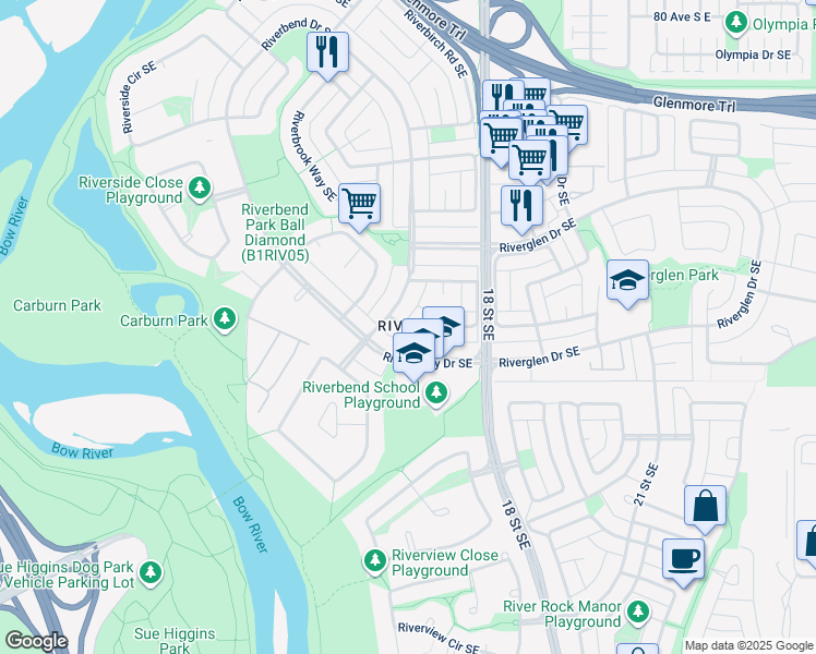 map of restaurants, bars, coffee shops, grocery stores, and more near 180 River Valley Crescent Southeast in Calgary