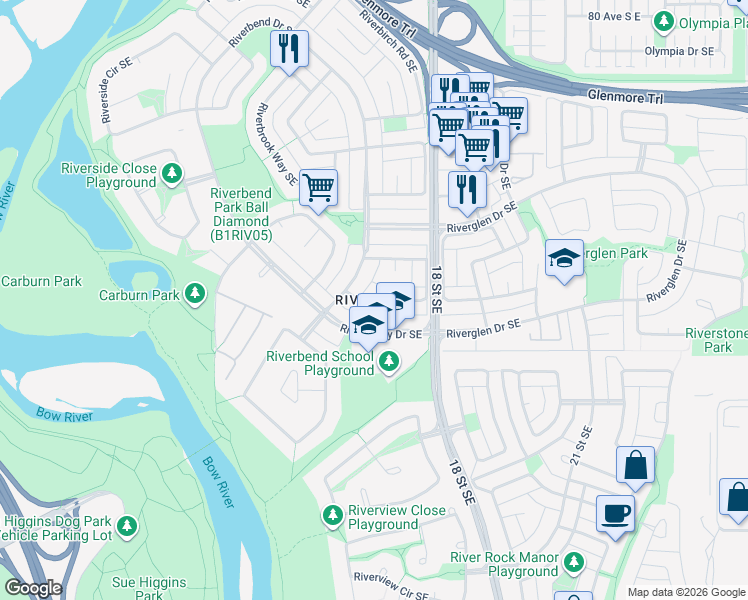 map of restaurants, bars, coffee shops, grocery stores, and more near 147 River Valley Crescent Southeast in Calgary